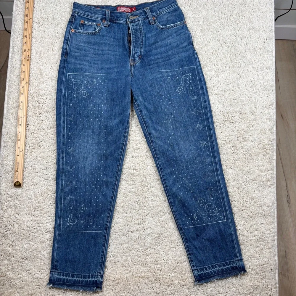 Lucky Legend Drew Mom High Rise Taper Jean 4/27 Denim Paisley Studded Frayed Hem
